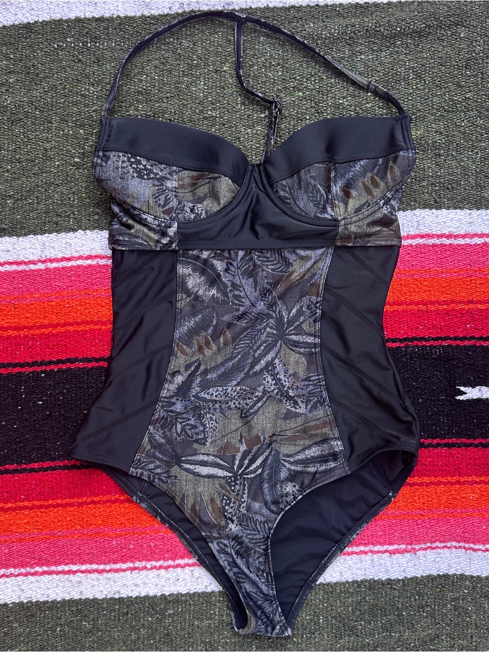 Black & Olive Leaf Print One-Piece Swimsuit